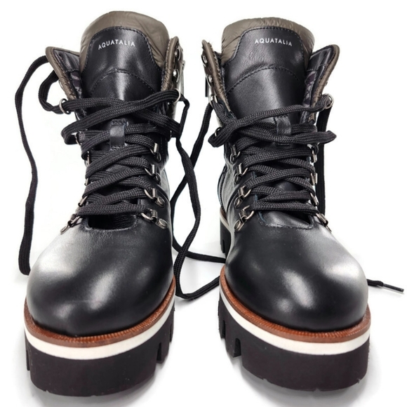 Aquatailia Morena Black & Olive Colorblock Leather Lace-Up Lug Sole Combat Boots - Picture 4 of 12